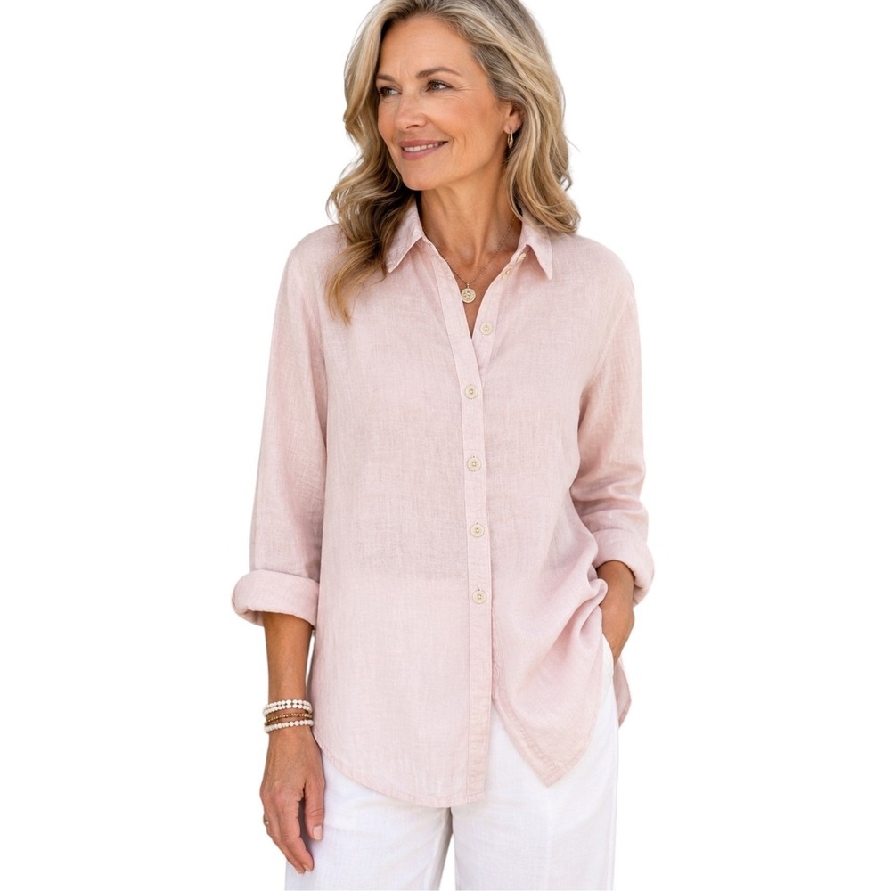 Flax Jeanne Engelhart 100% Linen Light Pink Long Sleeve Button Down Shirt Small